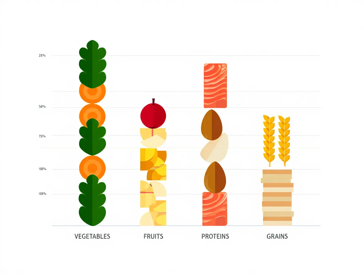 Abstract visualization of four food categories shown as vertical columns with varying heights representing diverse nutritional content