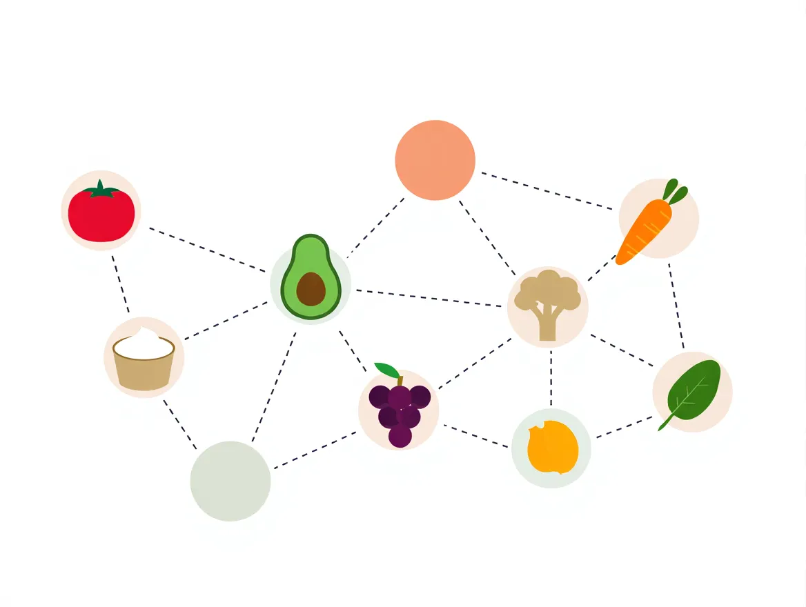 Abstract diagram showing overlapping circles connected by dashed lines representing food pairing synergies and nutrient combinations